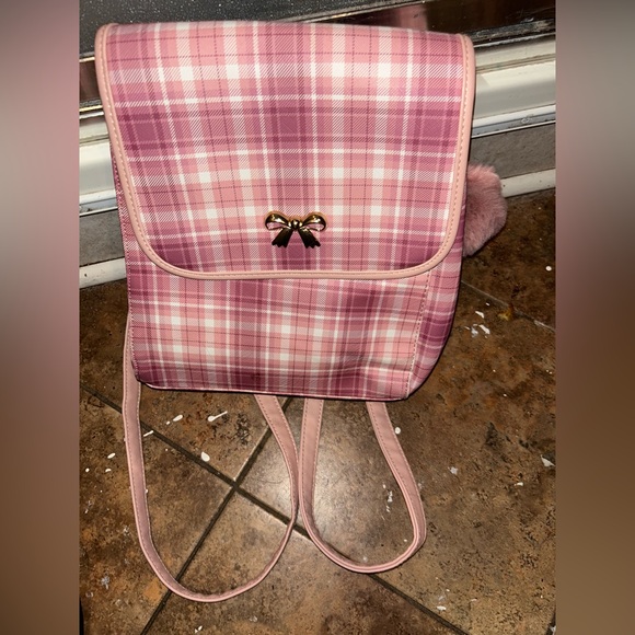 Pink white gold check plaid gingham Lolita backpack cottage bag - Picture 3 of 9